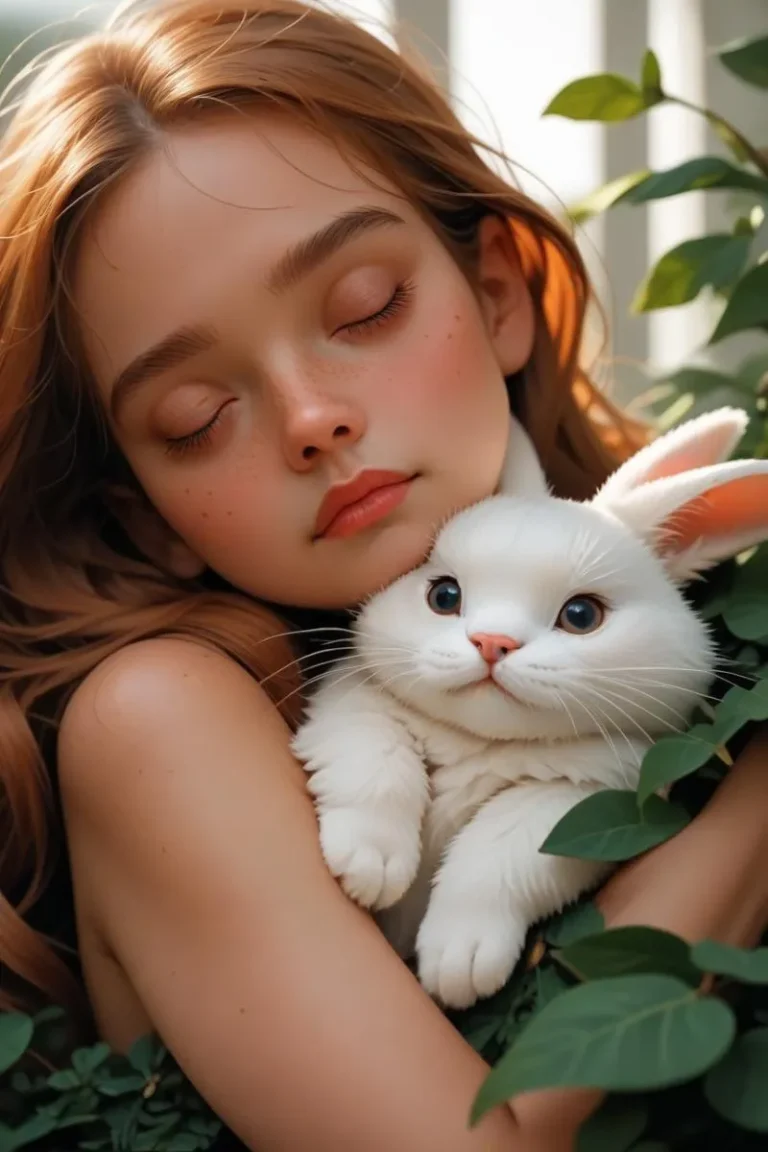 A realistic AI generated image of a girl with long auburn hair holding a white rabbit in a tender embrace, surrounded by green foliage, created using Stable Diffusion.