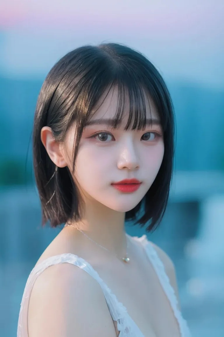 AI generated image of a beautiful girl with short black hair, wearing a light-colored sleeveless top, set against a soft blue background using stable diffusion.