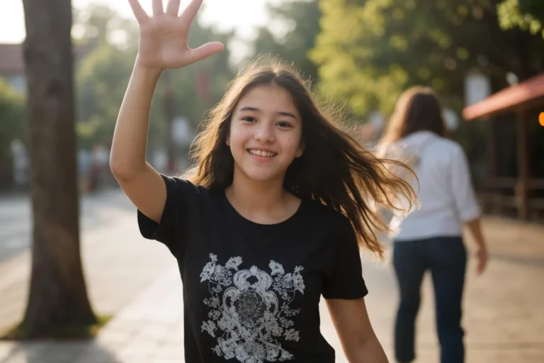 Young girl with long hair waving her hand on a sunlit street. AI generated image using Stable Diffusion.