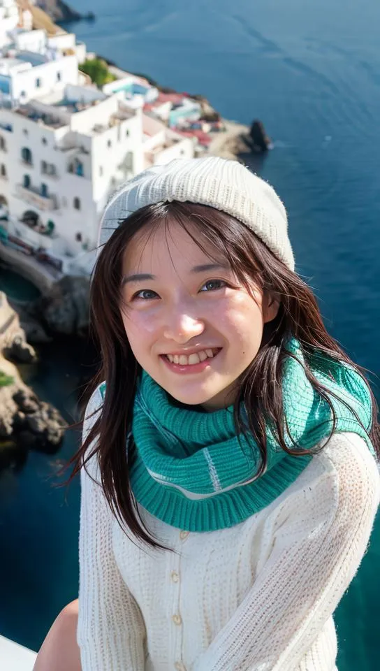 Girl wearing white sweater and teal scarf, smiling with coastal town and ocean in the background. AI generated image using Stable Diffusion.