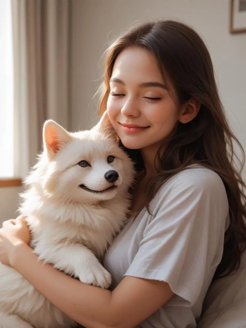 Young woman with long brown hair, smiling and cuddling a fluffy white dog in a warmly lit room. An AI generated image using Stable Diffusion.