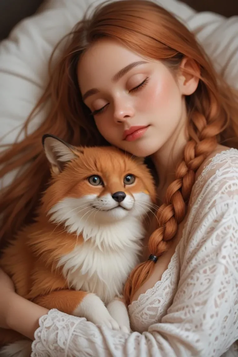 A sleeping girl with red hair in a braid, cuddling a fox, AI generated image using Stable Diffusion.