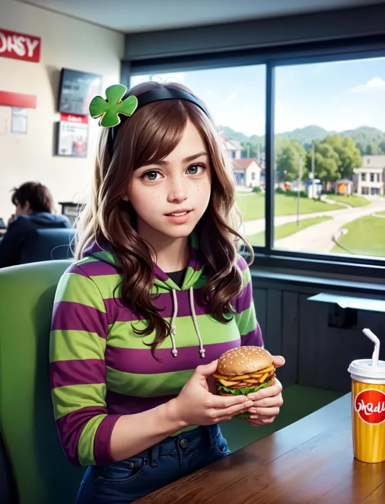 A girl with long brown hair and green eyes, wearing a green and purple striped hoodie and a clover hair accessory, holds a burger in a modern restaurant with a window view. AI generated image using stable diffusion.