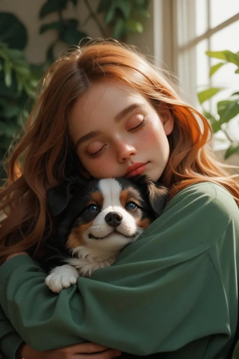 A young girl with closed eyes hugging a cute puppy, created using Stable Diffusion AI.