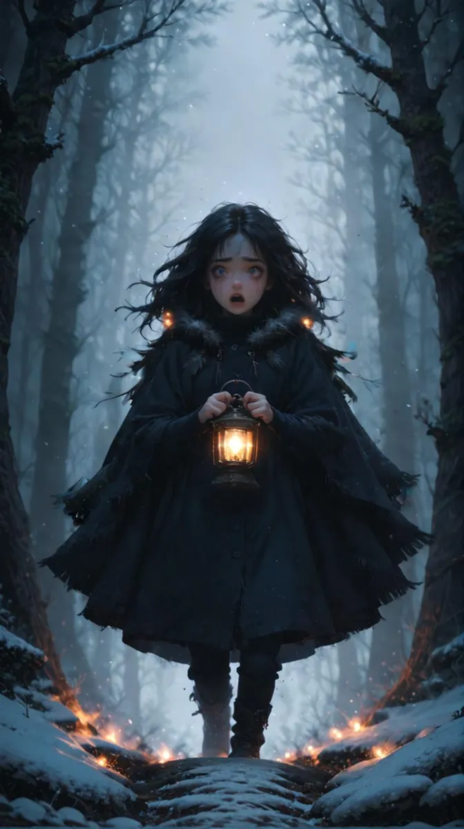 AI-generated image of a young girl standing in a dark, snow-covered forest, holding a lantern, using Stable Diffusion.