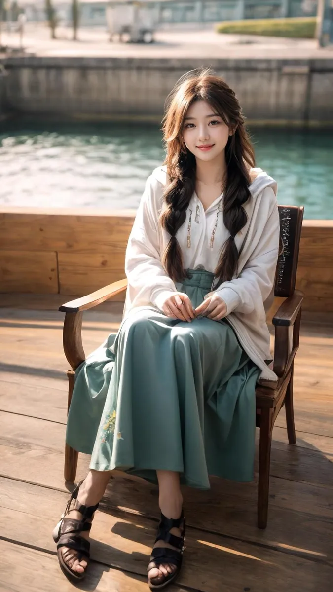 A girl with long hair sitting on a wooden chair by the waterfront, wearing traditional attire. AI generated image using Stable Diffusion.
