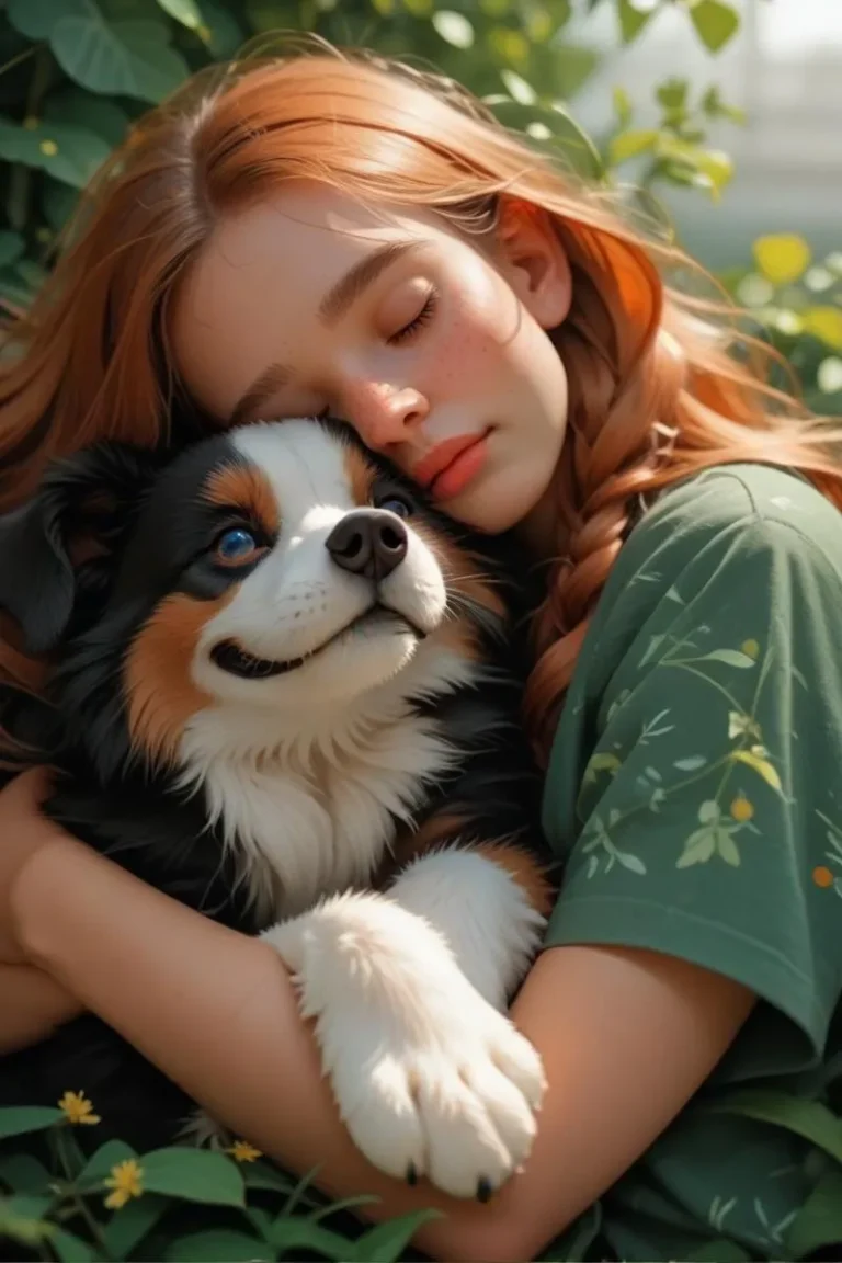 A girl with reddish-brown hair hugging a tri-colored dog with blue eyes. Created using Stable Diffusion.