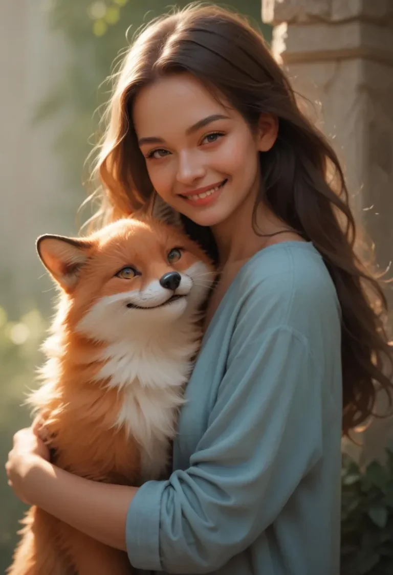 A girl smiling while holding a fox in a harmonious and warm setting, AI-generated image using Stable Diffusion