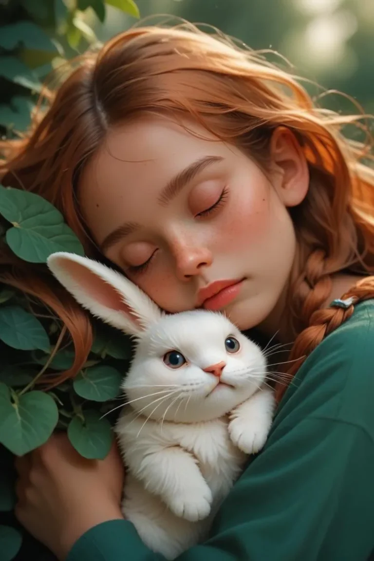 Young girl with braided hair holding a white rabbit against her cheek, with eyes closed in a lush green setting. This is an AI-generated image using Stable Diffusion.