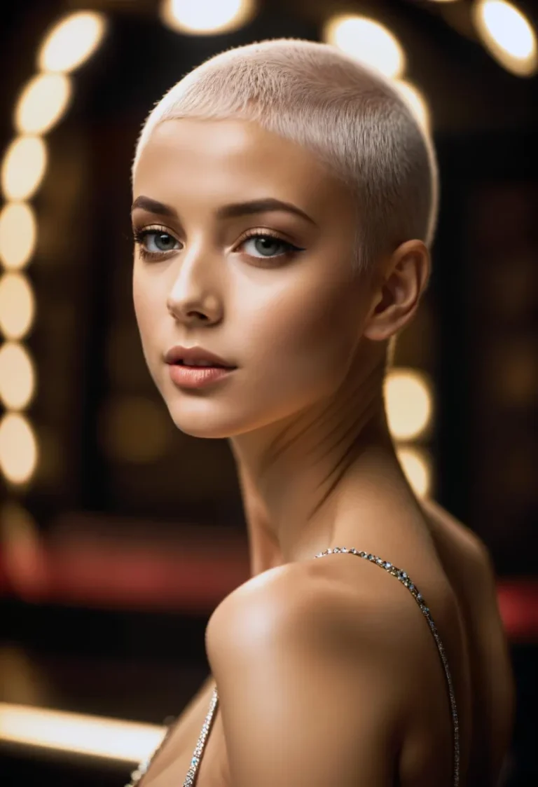 A glamorous AI generated image using Stable Diffusion of a sensuous bald woman with platinum blonde buzzcut. She is in a studio with blurred bokeh lights in the background, giving an elegant and sophisticated look.