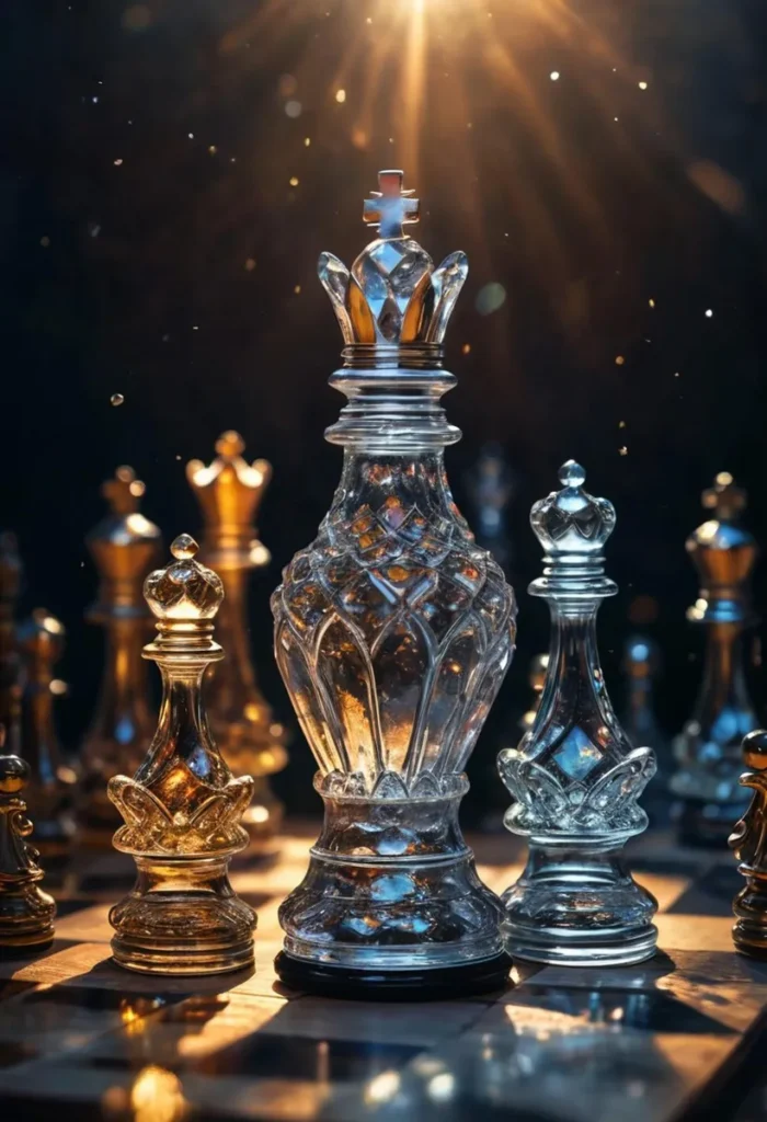 Glass chess pieces displayed in artistic lighting with a warm glow, generated using stable diffusion ai.