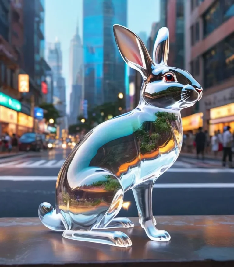 A glass rabbit sculpture placed on a city street with modern skyscrapers and traffic in the background, created using stable diffusion AI.