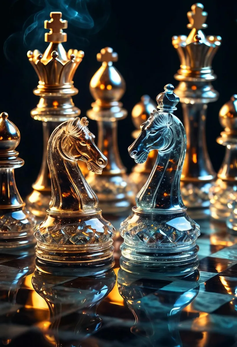AI generated image using stable diffusion featuring intricately designed glass chess pieces in a luxurious setting with a reflective chessboard.