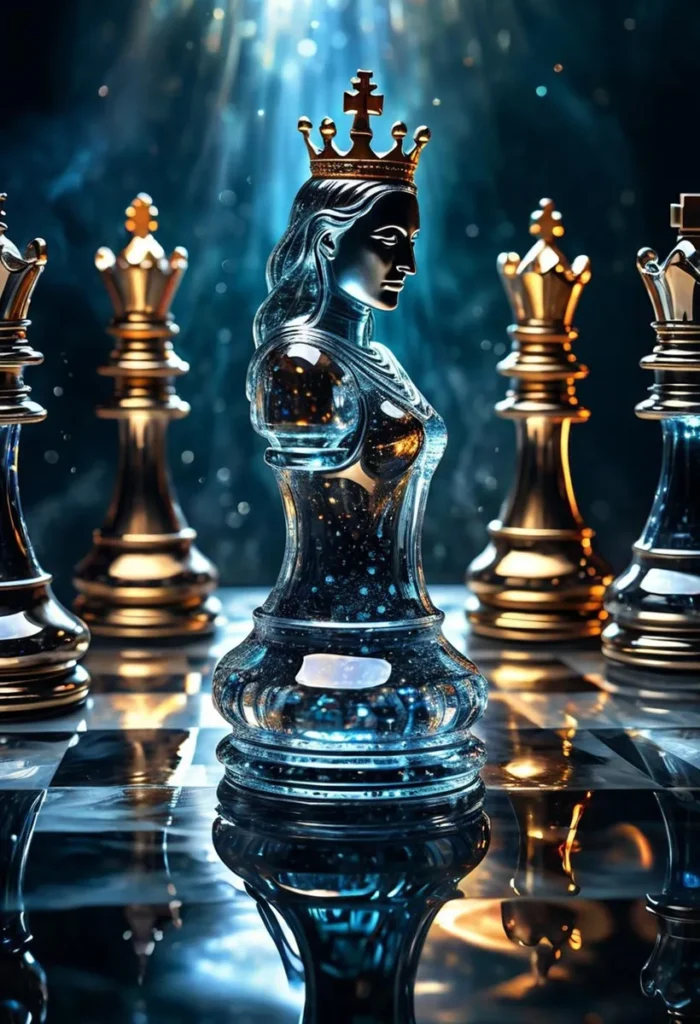 AI-generated image of a glass chess queen piece with a crown on a chessboard, created using stable diffusion.