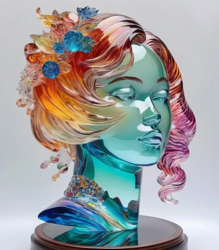 A vibrant glass sculpture of a woman's head with intricate colorful details, created using AI stable diffusion.