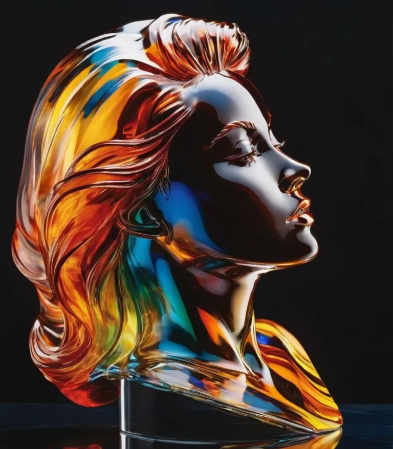 A stunning glass sculpture of a woman's head with vibrant and colorful highlights created using stable diffusion.