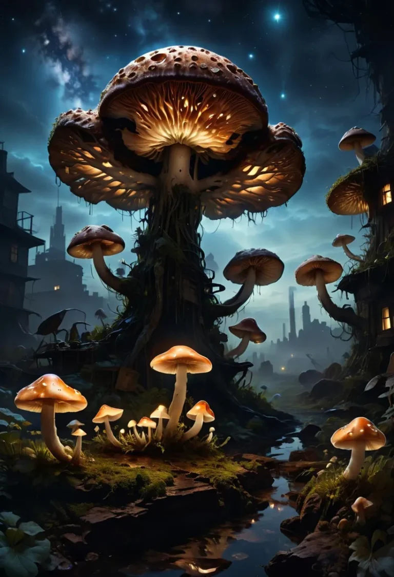 A mystical, AI-generated image using Stable Diffusion, depicting glowing mushrooms in a fantasy landscape under a starry night sky.