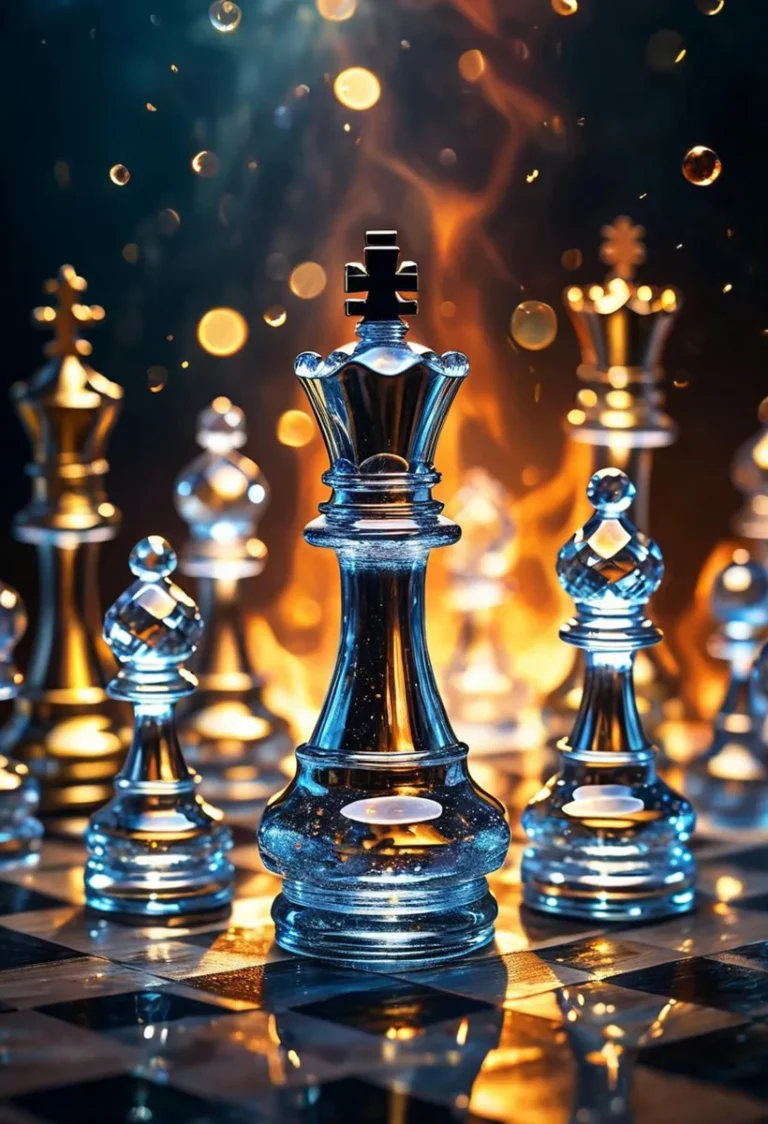 A digitally created image using stable diffusion showcasing glowing and transparent chess pieces against a fiery, glowing background.