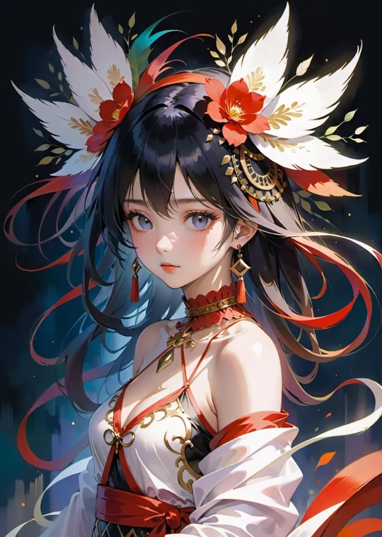 An incredibly detailed fantasy representation of a beautiful anime girl, adorned in an elaborate floral headdress featuring large white feathers, red flowers, and golden leaves. This AI generated image was created using Stable Diffusion.