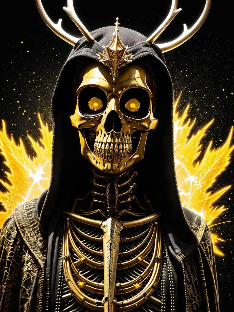 Golden skeleton with an antler crown and wearing a hooded cloak. Emphasize that this is an AI-generated image using Stable Diffusion.