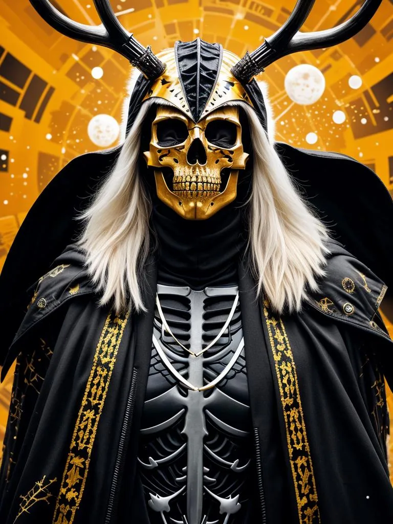 An AI-generated image using Stable Diffusion, depicting a person in a stunning skeleton costume with a golden skull mask and a black cloak, set against an amber geometric background with orbs.