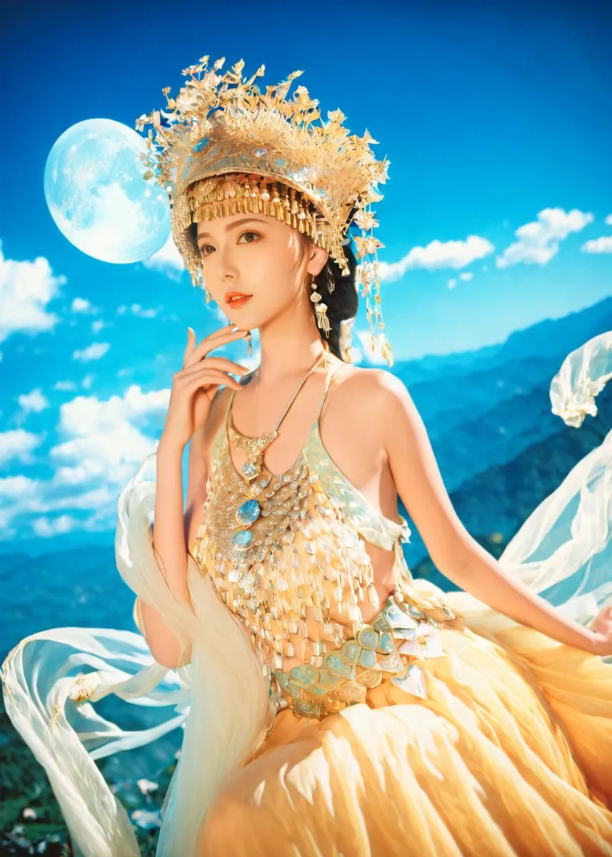 A stunning AI-generated image using Stable Diffusion showing a young woman in a golden costume and traditional headdress with a mountain background and a glowing moon.
