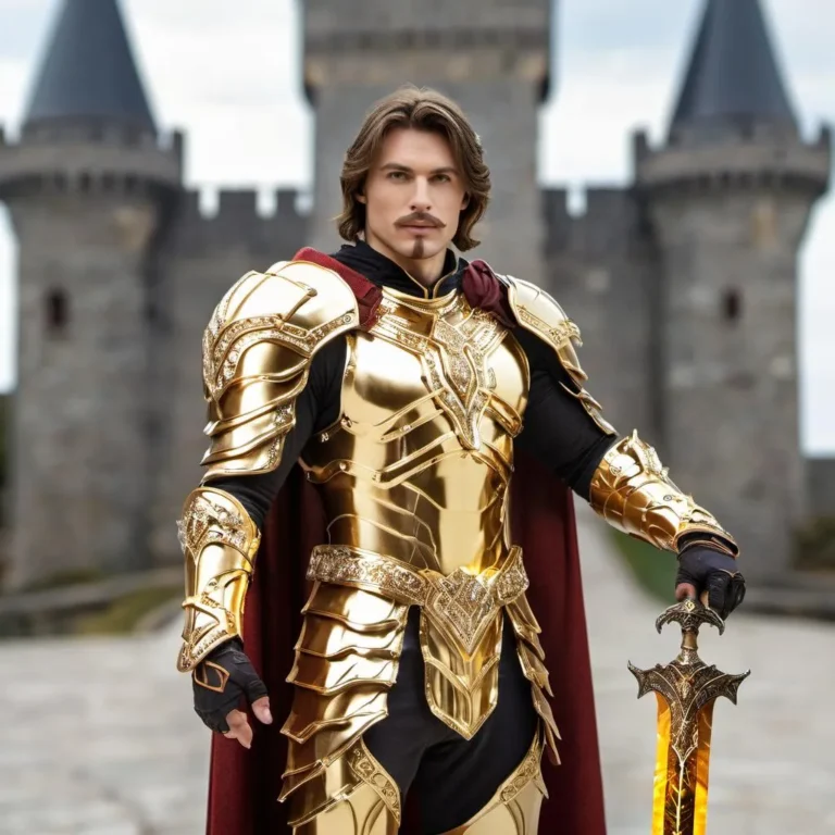 A heroic knight in golden armor stands in front of a medieval castle, created using Stable Diffusion.