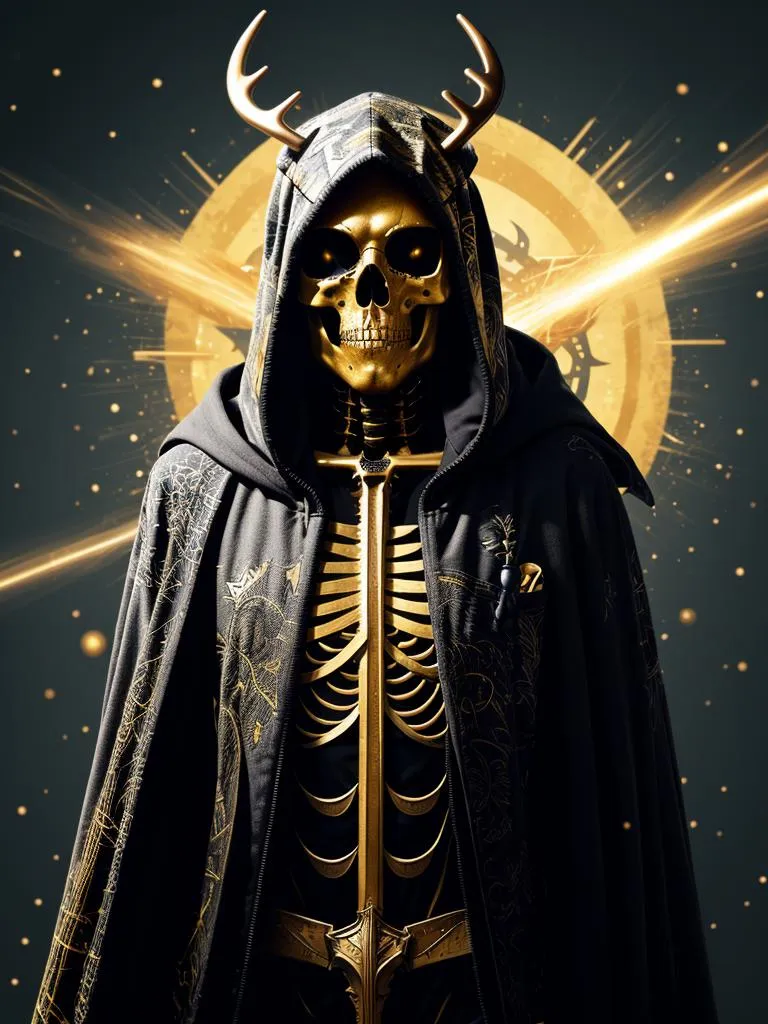 AI generated image of a golden skeleton figure wearing a dark hooded cloak with antlers on the hood, and a radiant golden background.
