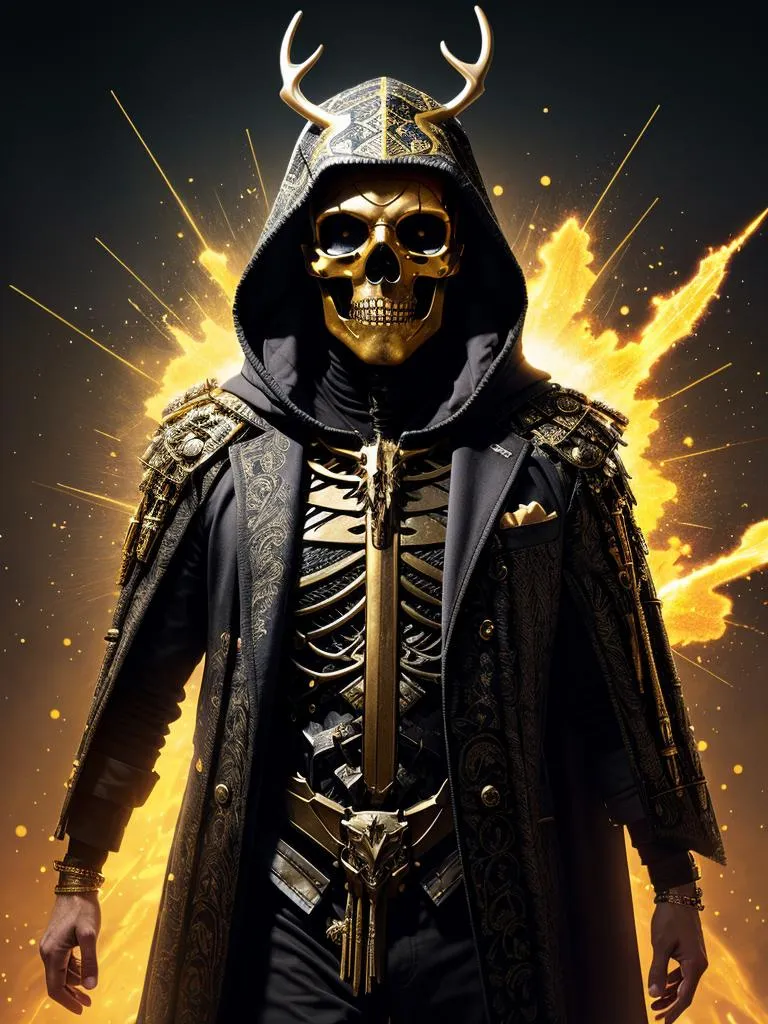 A detailed golden skull warrior in lavishly designed armor and a hooded robe. AI generated image using stable diffusion.