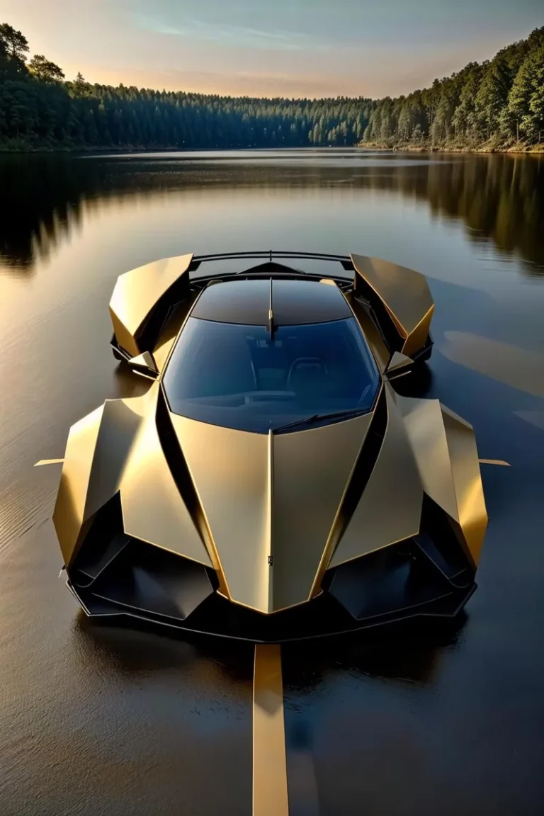 A futuristic golden sports car with angular design parked by a tranquil lake, surrounded by dense forest. AI generated image using stable diffusion.