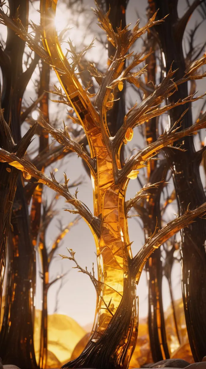 A golden tree with intricate branches set in a fantastical forest environment. The tree appears to be made of gold and amber with a glowing effect.