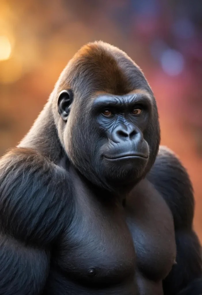 A hyper-realistic portrait of a gorilla generated with AI using Stable Diffusion, showcasing detailed facial features and muscular build.