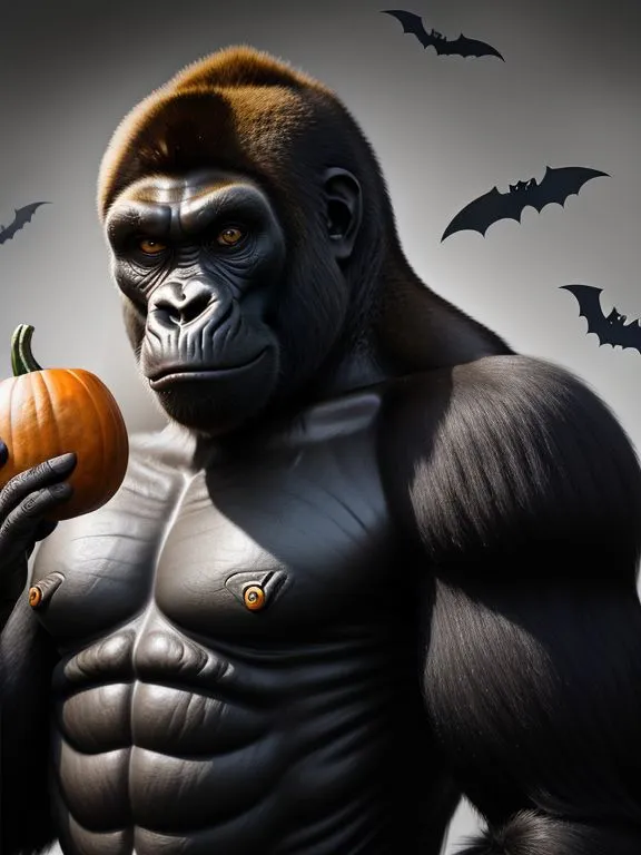 A highly detailed AI generated image featuring a muscular gorilla holding a pumpkin, with flying bats in the background. The image has a Halloween theme created using Stable Diffusion.