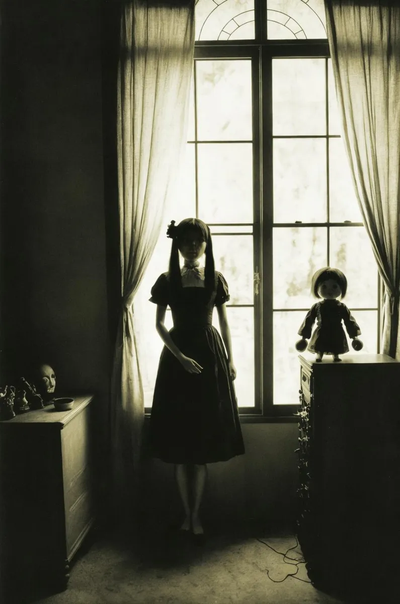 Dark and eerie scene with a shadowy figure in gothic attire standing by a window, accompanied by an unsettling doll, AI generated using Stable Diffusion.