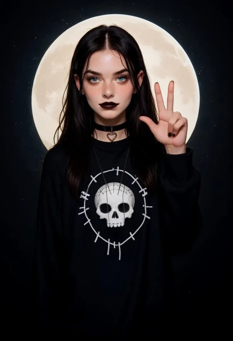 A gothic girl with dark makeup and a black outfit featuring a skull design stands in front of a full moon. AI generated image using Stable Diffusion.