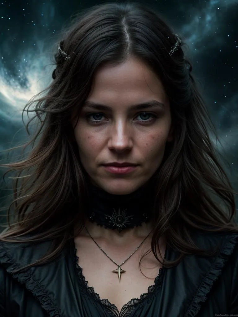 Gothic woman with long dark hair, a black choker, and a necklace with a star pendant, standing against a celestial background. This is an AI generated image using Stable Diffusion.