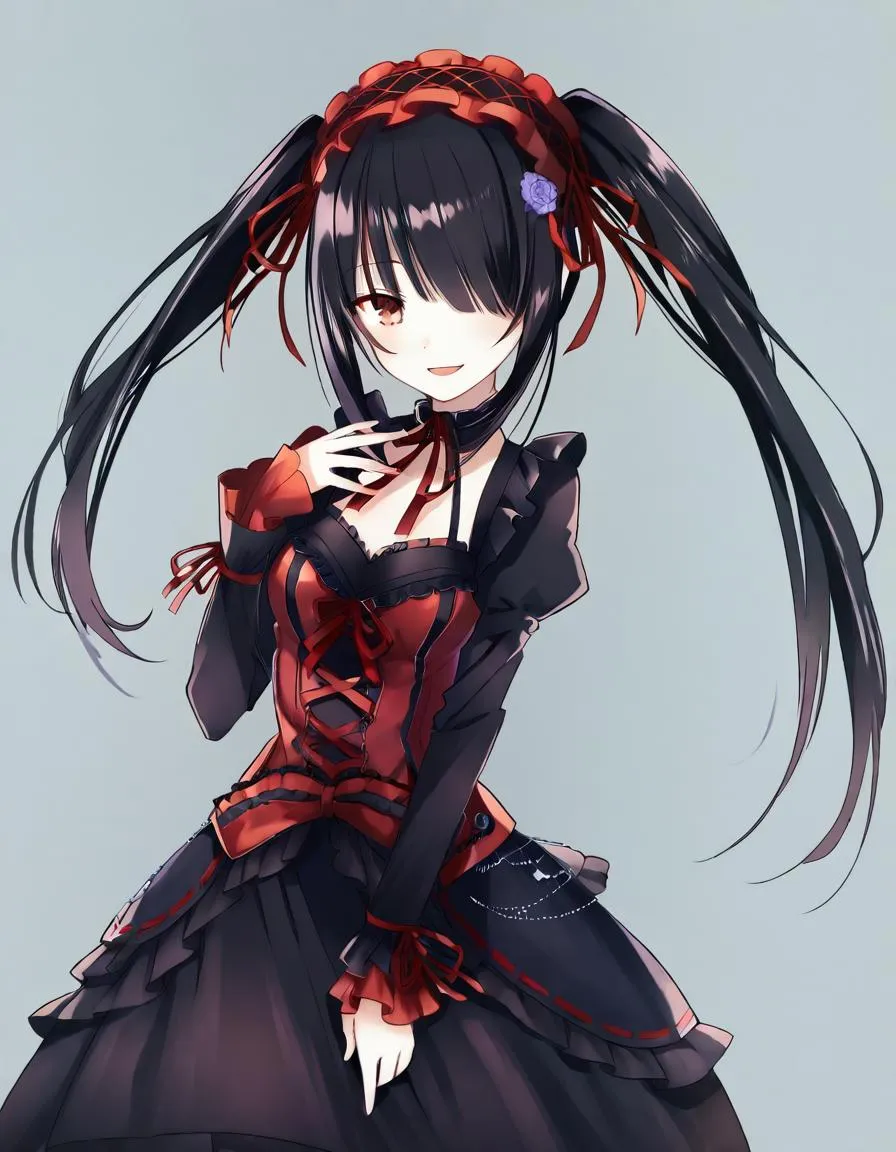 A Gothic anime girl with long black hair in pigtails, dressed in a dark red and black Victorian-inspired costume, created using Stable Diffusion.