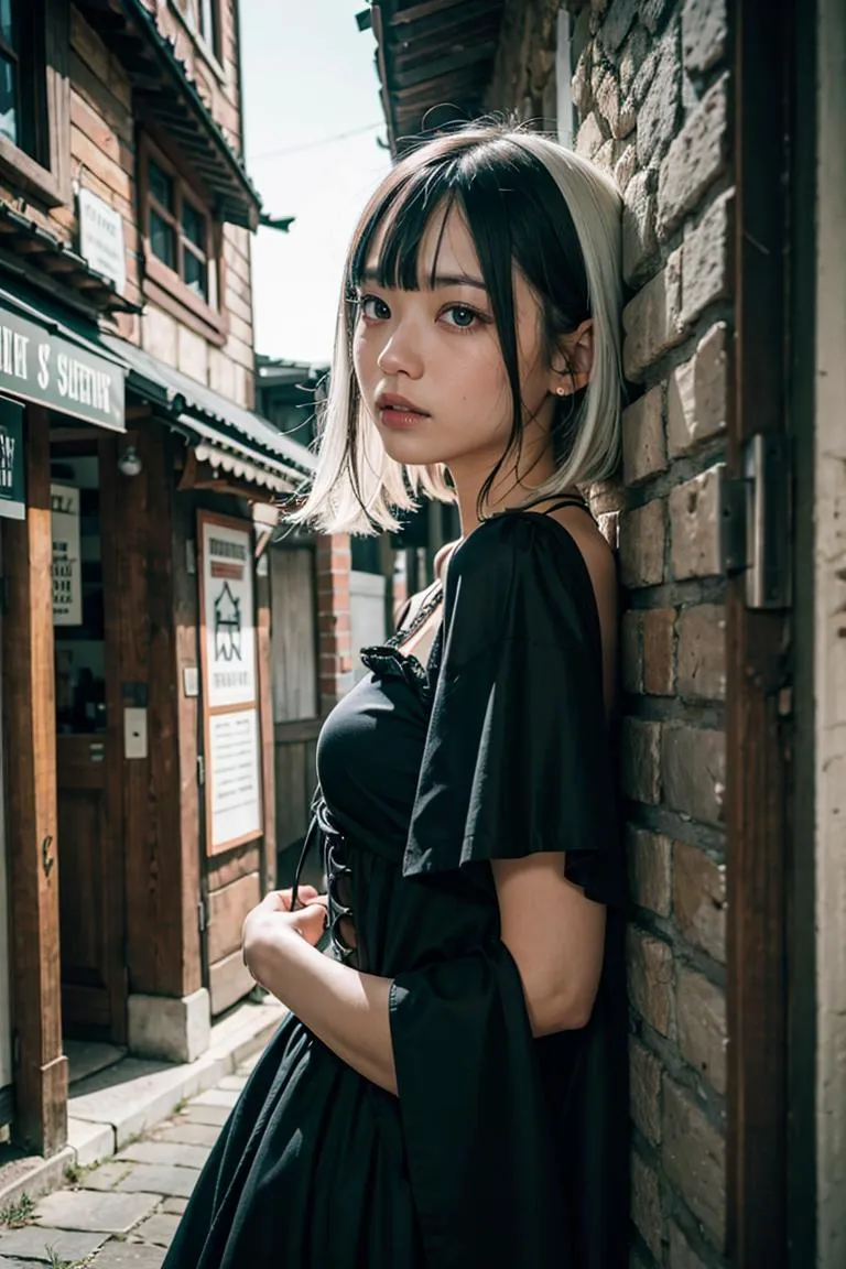 Young woman in gothic fashion leaning against a rustic brick wall in a modern street. AI generated image using Stable Diffusion.