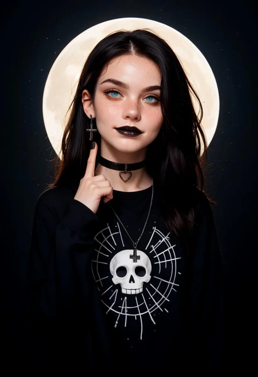 A gothic girl with black lipstick and striking blue eyes, dressed in a black outfit featuring a skull design, stands before a full moon. AI generated image using Stable Diffusion.