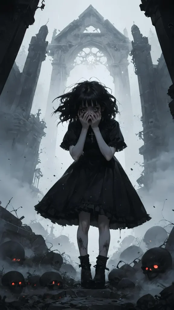 A Gothic girl dressed in black stands amidst eerie, haunted ruins with glowing skulls. This is an AI generated image using stable diffusion.