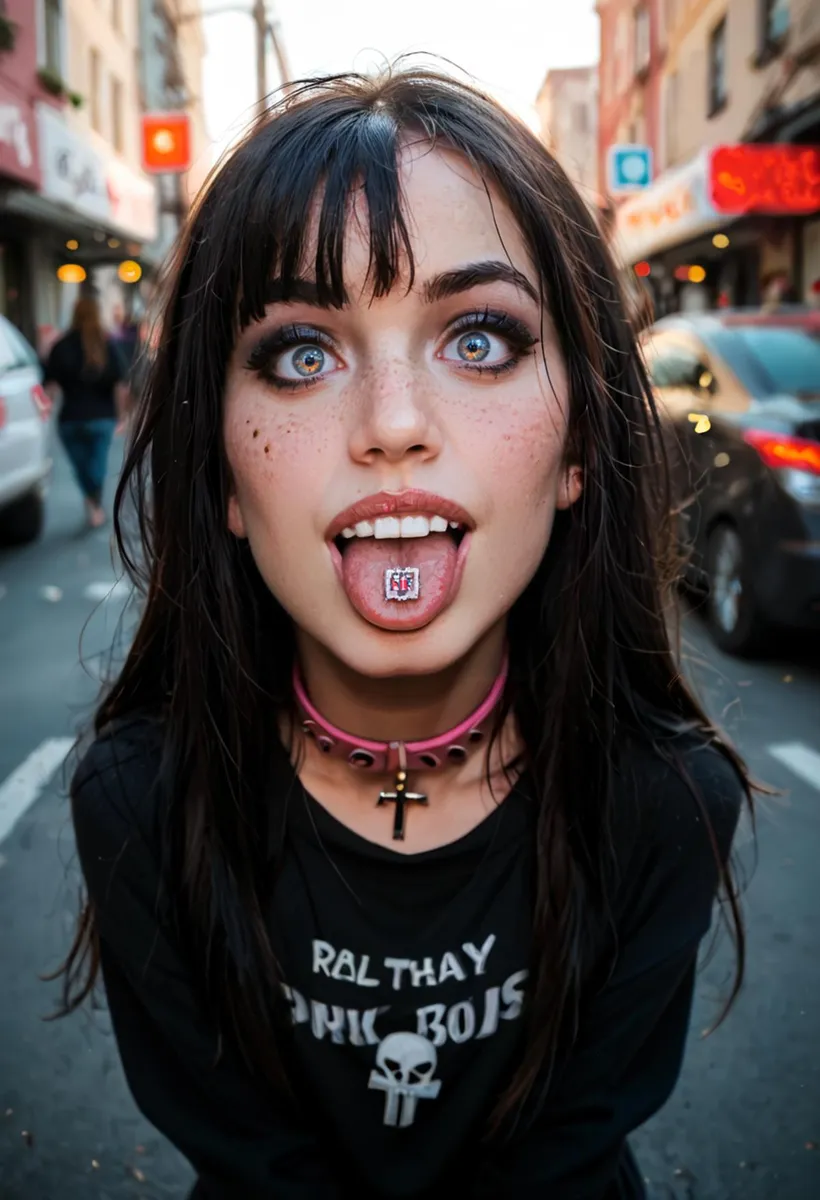 A gothic girl with striking makeup, blue eyes, and a lollipop in her mouth, wearing punk street fashion. This is an AI generated image using stable diffusion.