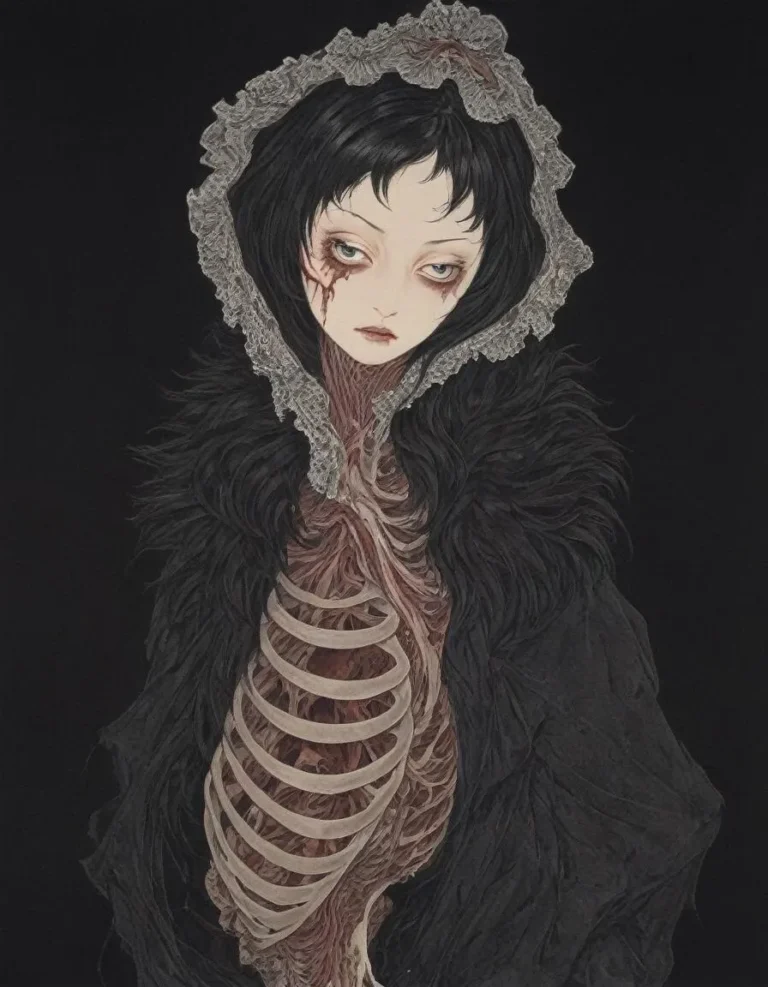 A gothic horror illustration of a skeletal woman with a lace hood, generated by AI using Stable Diffusion.