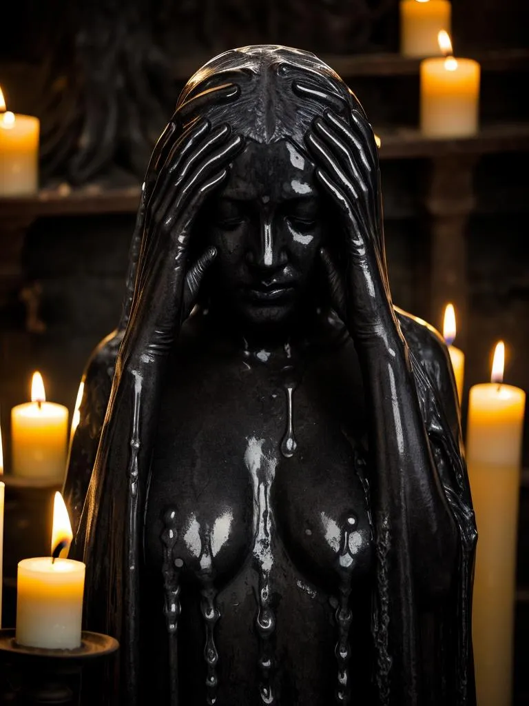 A gothic statue of a melancholic woman with her hands on her head, surrounded by candlelight, AI generated using Stable Diffusion.