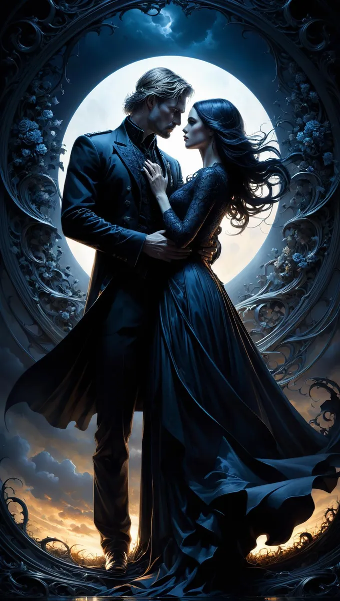 A dark, romantic gothic couple embracing under a full moon with ornate frame. AI generated image using Stable Diffusion.