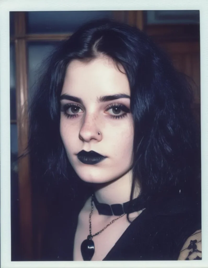 Close-up Gothic portrait of a woman with black lipstick, dark eye makeup, and a nose piercing, wearing a black choker and necklace. This image was generated using stable diffusion.