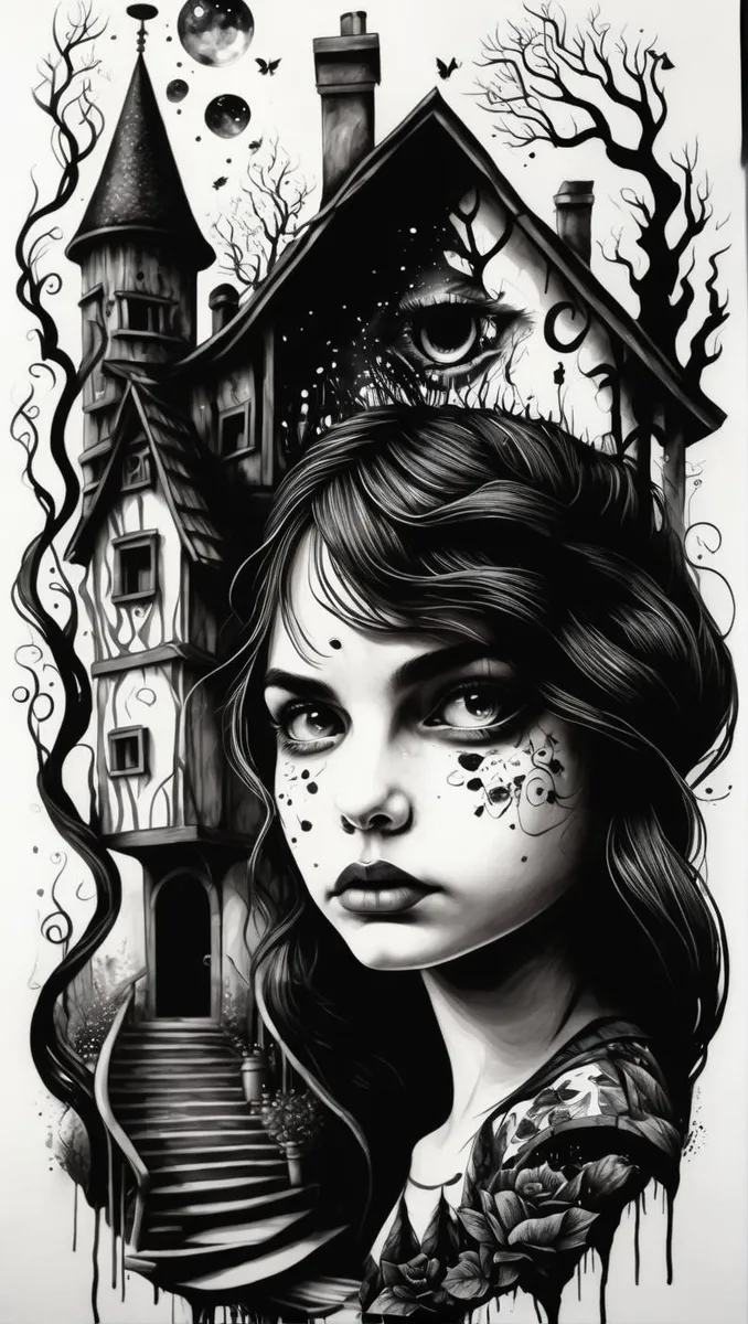 A Gothic surreal portrait of a young woman with intricate face paint, with a background of a haunted house, AI generated image using Stable Diffusion.