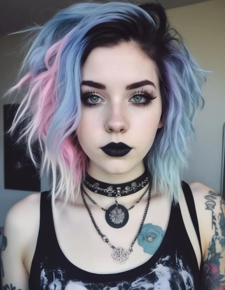 Woman with short, wavy, multicolored hair and a gothic fashion style wearing black tank top and layered necklaces. AI generated image using stable diffusion.