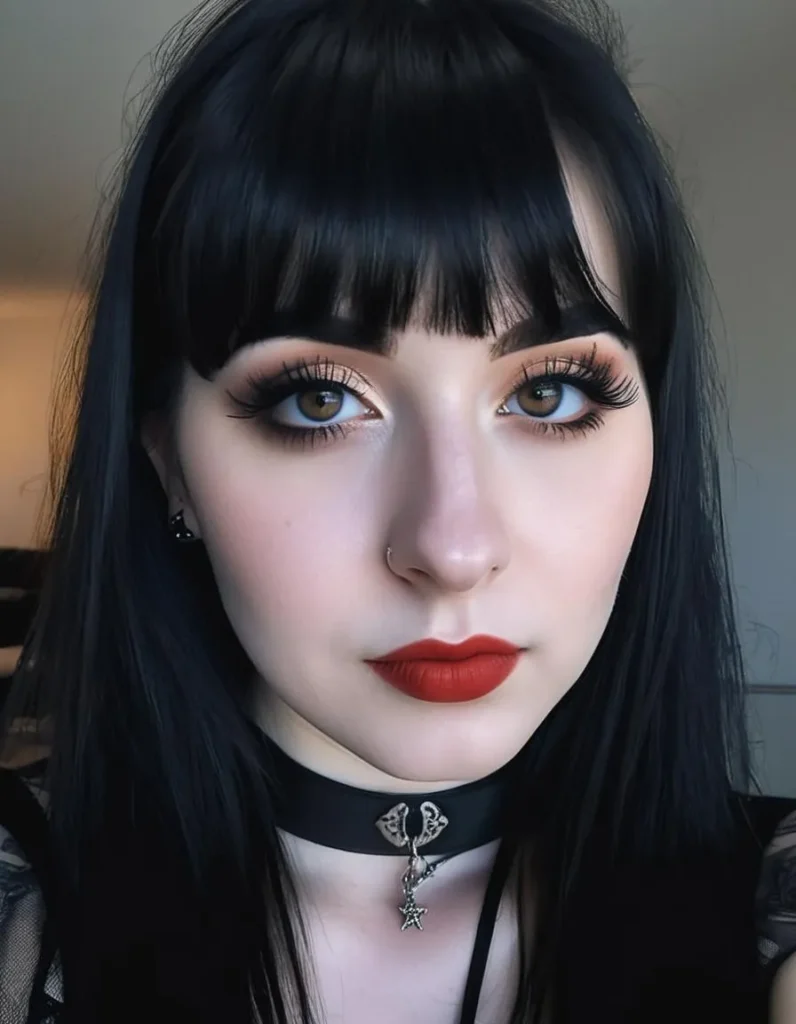 A close-up of a gothic woman with dark black hair, intense dark eye makeup, bold red lipstick, and a choker with a gothic-style pendant, generated using Stable Diffusion.
