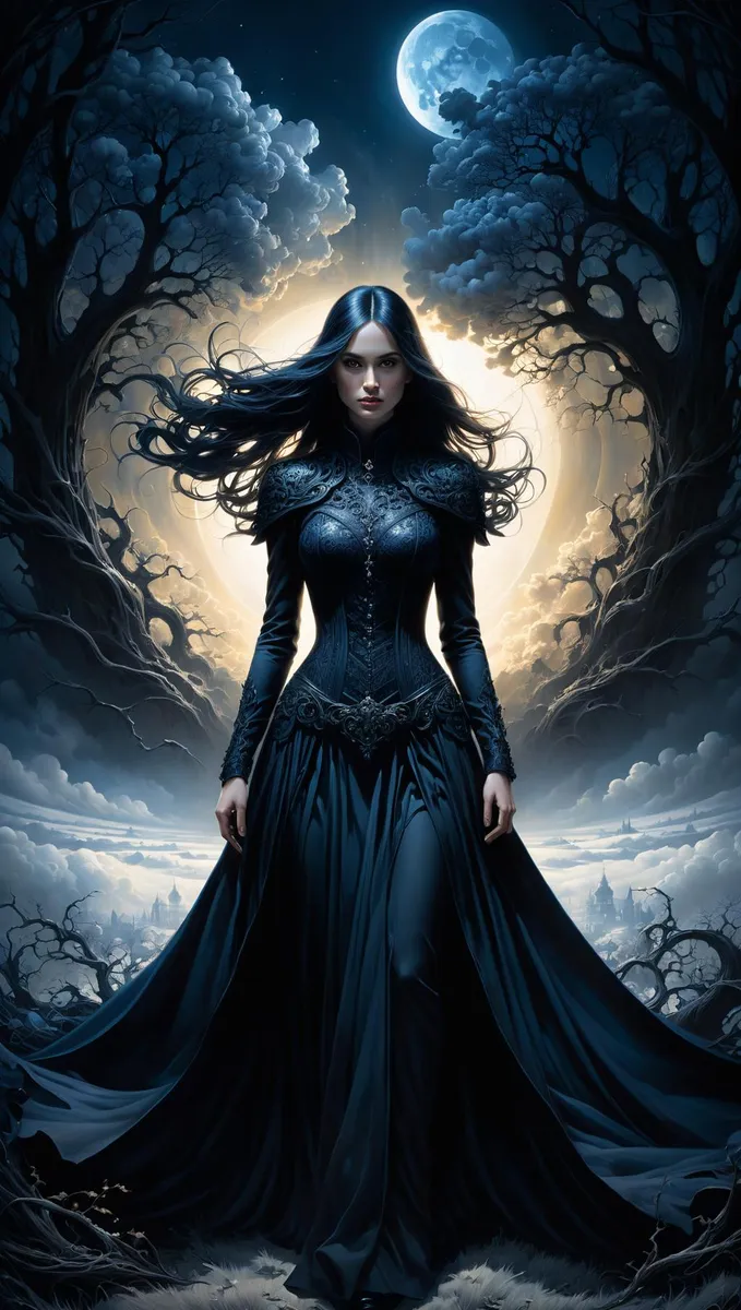A gothic woman stands in a moonlit forest with a dark flowing dress. AI generated image using Stable Diffusion.