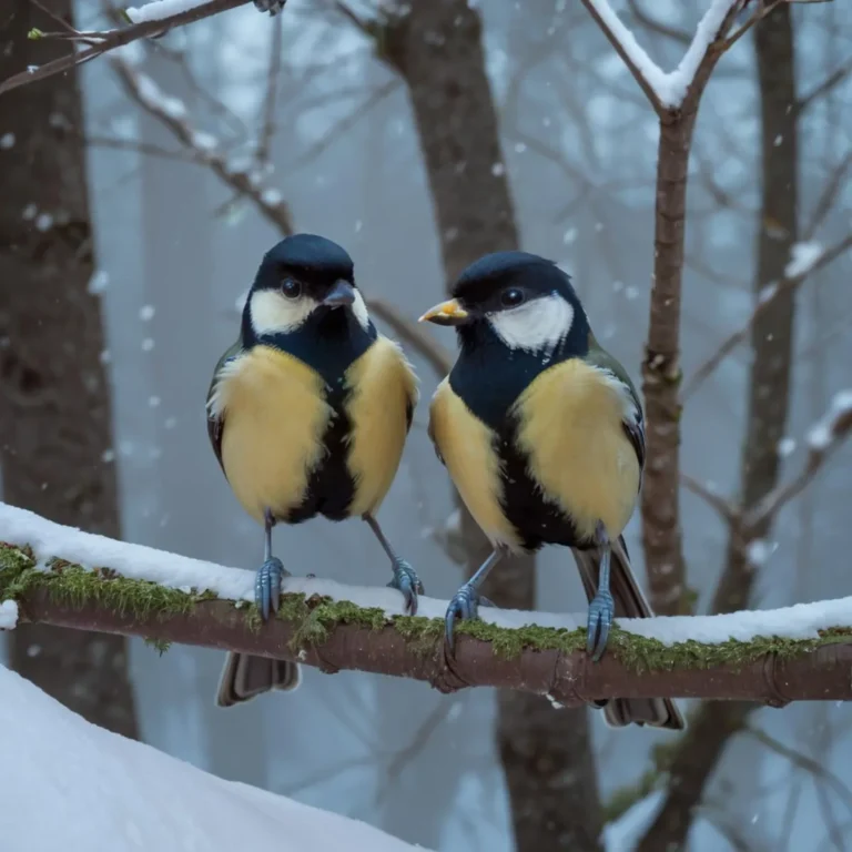 Two great tits perched on a snow-covered branch in a winter forest an AI generated image using stable diffusion.